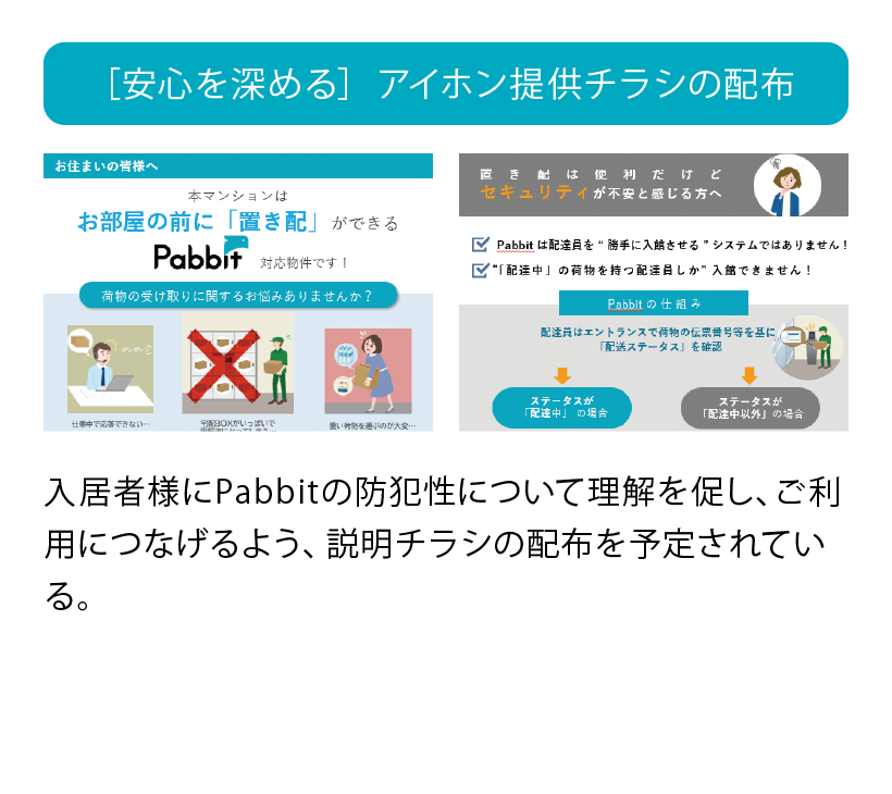 ［安心を深める］ アイホン提供チラシの配布 入居者様にPabbitの防犯性について理解を促し、ご利用につなげるよう、説明チラシの配布を予定されている。