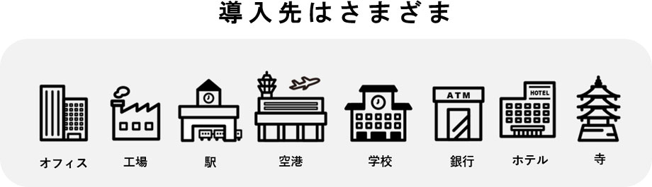 さまざまな導入先（オフィス・工場・駅・空港・学校・銀行・ホテル・寺）