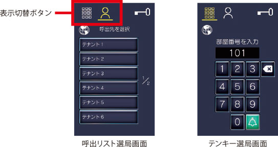 呼出リスト選局画面とテンキーで選局画面