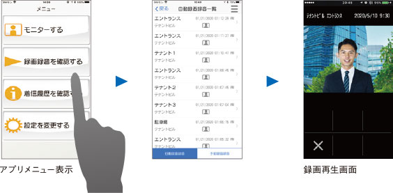 スマートフォン操作画面。1：アプリメニュー表示「録画録音を確認する」、2：自動録画録音一覧、3：録画再生画面