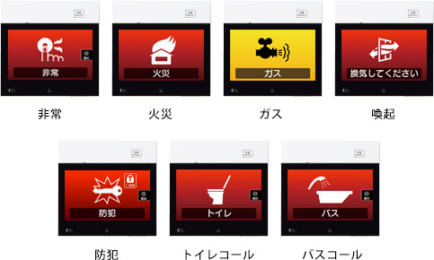 非常、火災、ガス、喚起、防犯、トイレコール、バスコール、漏水