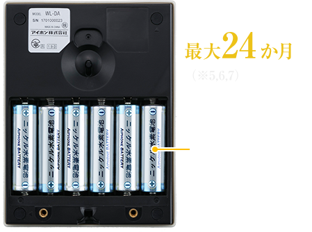 電池持続期間、最大24か月（※5,6,7）単三形電池×6本（別売）