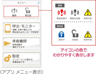 アプリ メニュー表示。アイコンの色でわかりやすく表示します